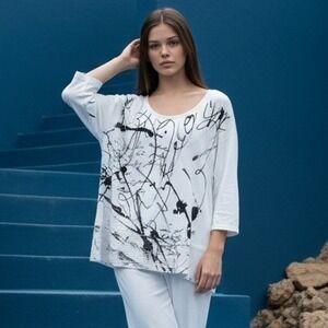 Jess & Jane L White Black Abstract Calligraphy Tunic Top 3/4‎ Sleeve USA Large